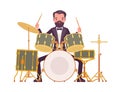 Musician, elegant tuxedo man playing professional drum instruments, percussion set Royalty Free Stock Photo