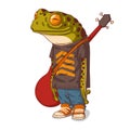 A musician frog, isolated vector illustration. Calm casually dressed anthropomorphic frog with a guitar on its back