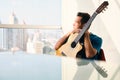 Musician With Guitar Feeling Uninspired And Lacking Creativity Royalty Free Stock Photo