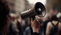 The musician holding a trumpet shouts to the large crowd generated by AI