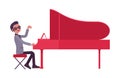 Musician, jazz, rock and roll man playing grand piano instrument