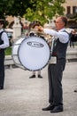 Musician of a marching band plays a Bass Drum and Cymbals - Padua Italy