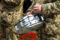 Musician military band of the Ukrainian army plays the drum. Drummer of the Armed Forces of Ukraine at the parade in Dnipro city