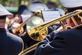 Musician of the military orchestra playing on gold trombone