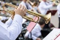 Musician of military orchestra plays his gold trumpet Royalty Free Stock Photo