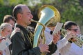 Musician in military uniform with trumpet takes part in Victory day event in Volgograd Royalty Free Stock Photo