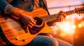 a musician passionately playing the guitar during a vibrant sunset, AI Generated