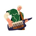 Musician performer play on retro music instrument: guitar on belt with keyboard. Member of rock group 80s hold keytar on