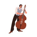 Musician performing on double bass, playing classical and jazz music. Happy man player standing with contabass, fingers