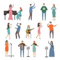 Musician persons in different music duets. Vector characters of singers