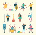 Musician persons in different music duets. Vector characters of singers