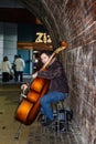 Musician playing the bass in the London Borough of Southwark, on the south bank of the River Thames near the Globe Theater London