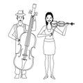 Musician playing bass and violin black and white Royalty Free Stock Photo