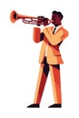 Musician playing brass instrument in shiny suit