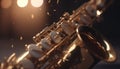 Musician playing brass and woodwind instruments on stage, defocused background generated by AI