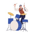 Musician playing with drumsticks at drum kit. Jazz drummer performing retro music at percussion instrument. Elegant man