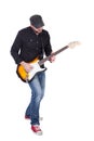 Musician playing electric guitar with enthusiasm. Isolated on white Royalty Free Stock Photo