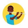 Musician playing flute. Boy flutist is inspired to play a classical musical instrument. Vector.