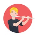 Musician playing flute. Boy flutist is inspired to play a classical musical instrument. Vector. Royalty Free Stock Photo