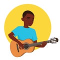 Musician playing guitar. African boy guitarist is inspired to play a classical musical instrument. Vector illustration
