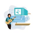 Musician playing guitar with technology and AI music visuals Royalty Free Stock Photo