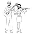 Musician playing guitar and violin black and white Royalty Free Stock Photo