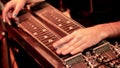 Musician playing lap steel, pedal guitar, slide guitar on stage.