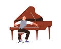 Musician playing music, performing on grand piano, back view from behind. Happy man player sitting with hands on keys