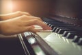 Musician playing piano in chruch with vintage filter. with motning light..