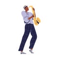 Musician playing saxophone. Black jazz man, music player performing solo, holding sax, brass instrument. African jazzman