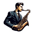 Musician playing saxophone, music player performing solo, holding sax instrument in hands, man saxophonist, jazz and blues