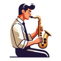 Musician playing saxophone, music player performing solo, holding sax instrument in hands, man saxophonist, jazz and blues