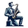 Musician playing saxophone, music player performing solo, holding sax instrument in hands, man saxophonist, jazz and blues Royalty Free Stock Photo