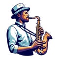 Musician playing saxophone, music player performing solo, holding sax instrument in hands, man saxophonist, jazz and blues Royalty Free Stock Photo