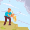 Musician playing saxophone in the street. Vector illustration in flat style. Street musician sax player. Music hobby