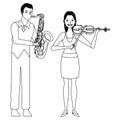Musician playing saxophone and violin black and white Royalty Free Stock Photo