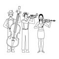 Musician playing trumpet bass and violin black and white Royalty Free Stock Photo