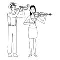 Musician playing trumpet and violin black and white Royalty Free Stock Photo