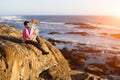 Musician playing the Tuba on the sea shore. Hobby. Royalty Free Stock Photo