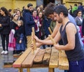 Musician playing the Txalaparta, a traditional instrument of the Basque Country. Spain