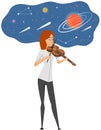 Musician playing violin. Girl violinist play classical musical instrument feels like in space