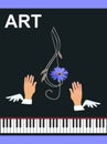 Winged hands of musician and floral treble clef over keyboard of concert black grand piano isolated on black background in vector. Royalty Free Stock Photo