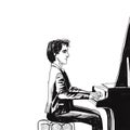 The musician plays the piano, black and white illustration.