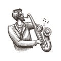 Musician plays the saxophone. Jazz, live music, blues sketch. Vintage vector illustration