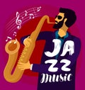 Musician plays the saxophone. Jazz music, musical festival concept. Vector illustration