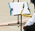The musician plays the trumpet in the city orchestra. Royalty Free Stock Photo