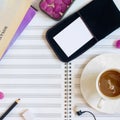 Musician`s desk with music sheets, cup of coffee and mess Royalty Free Stock Photo