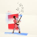 Stylish emotional african woman playing guitar over abstract background. Collage or design in magazine style. Art Royalty Free Stock Photo