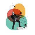 Musician. Stylish emotional senior man playing guitar over abstract background. Collage or design in magazine style. Art