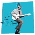 Stylish emotional senior man playing guitar over blue background. Collage in magazine style. Surrealism, art, creativity